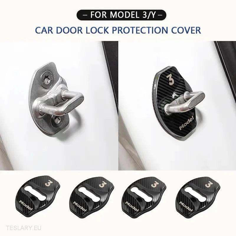 Tesla Model 3 / Y / X Stainless Steel Door Lock Protective Cover with Logo ( 4 PACK ) -TESLARY.IE Tesla Shop Europe