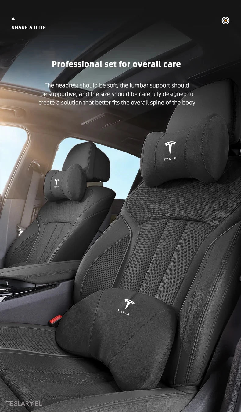 Tesla Leather Memory Foam Neck Pillow & Back Support Cushion with Logo -TESLARY.IE Tesla Shop Europe