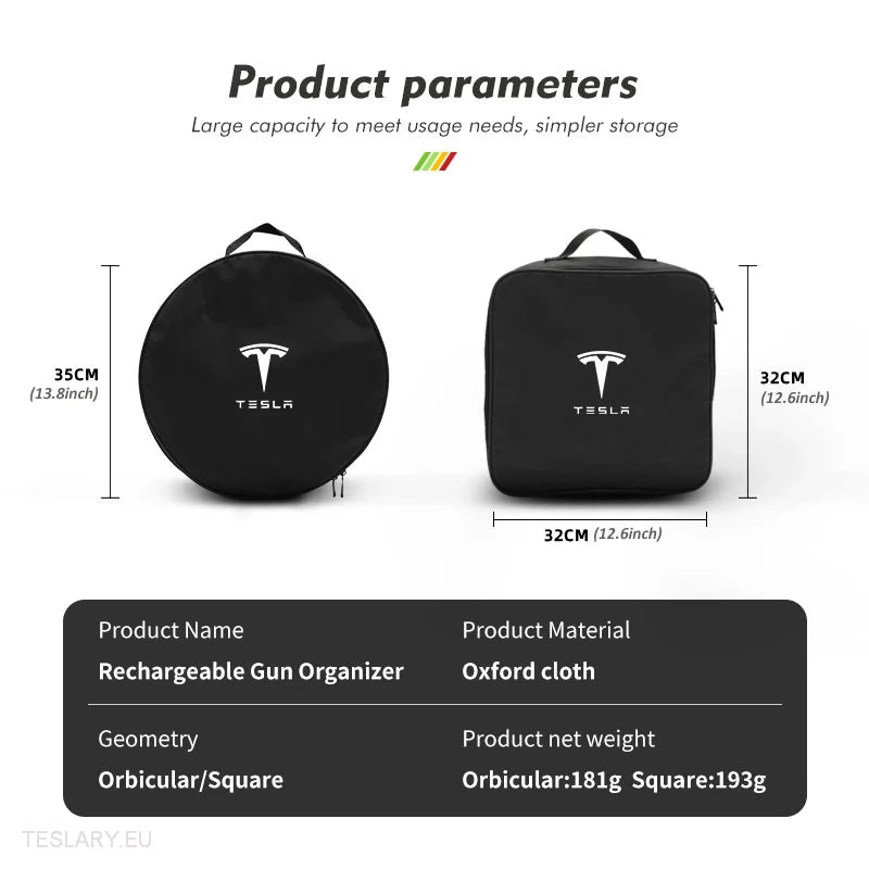 EV Cable Storage Bags Round & Square with Logo -TESLARY.IE Tesla Shop Europe