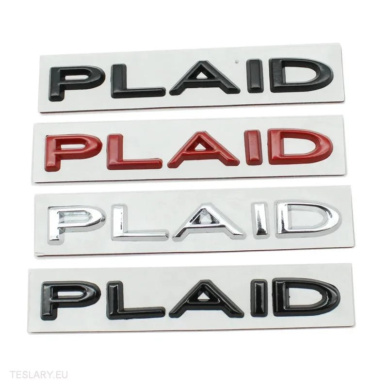 TESLA  " PLAID " REAR LOGO EMBLEM IN CHROME & RED -TESLARY.IE Tesla Shop Europe