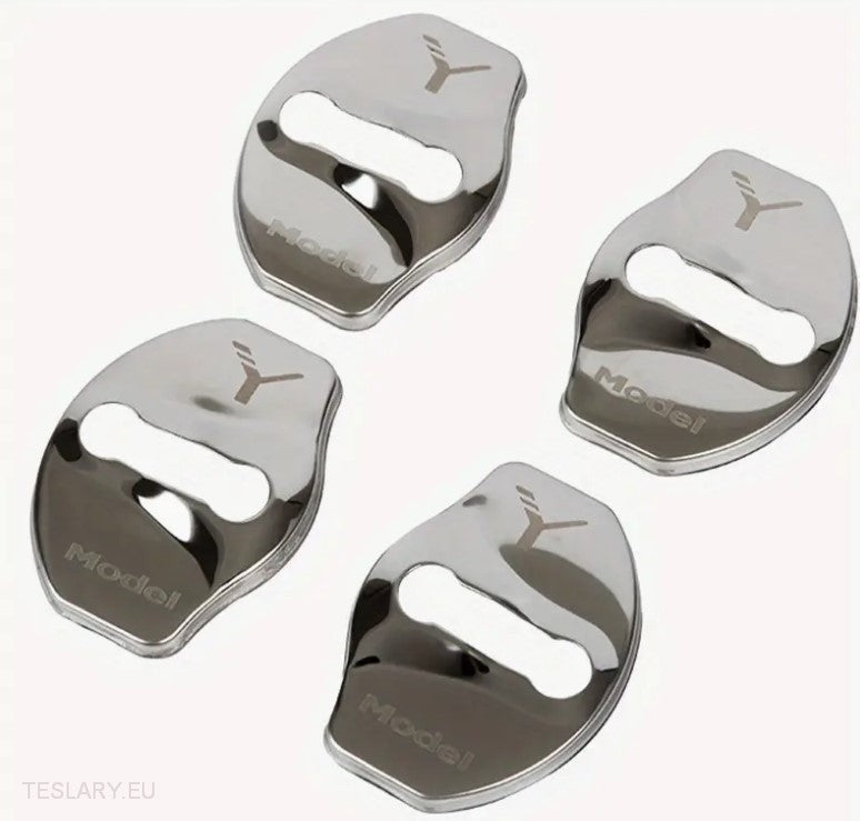 Tesla Model 3 / Y / X Stainless Steel Door Lock Protective Cover with Logo ( 4 PACK ) -TESLARY.IE Tesla Shop Europe