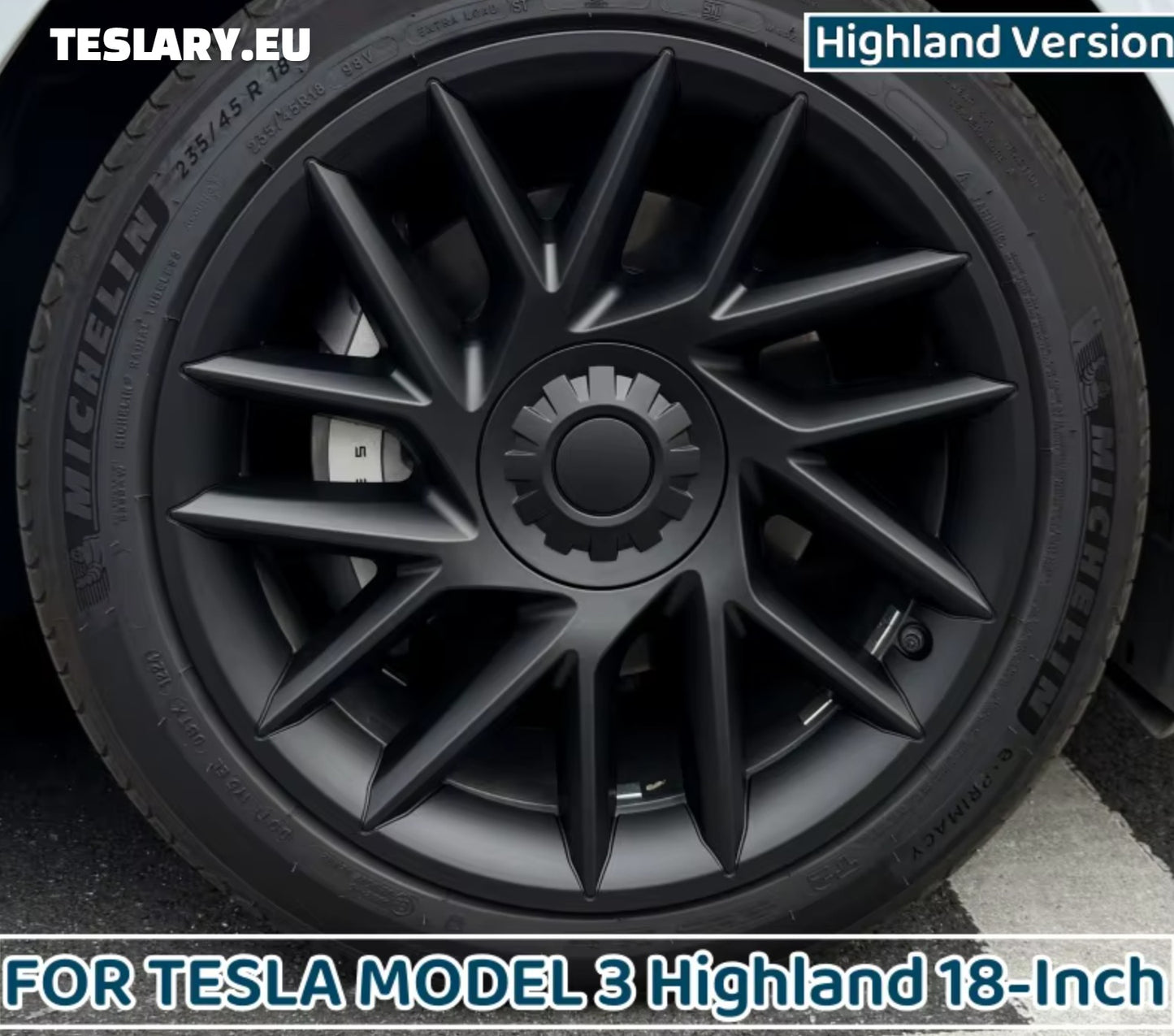 18 "Tesla Model 3+ Highland Full Rim Induction Style Mat Black Wheel Covers