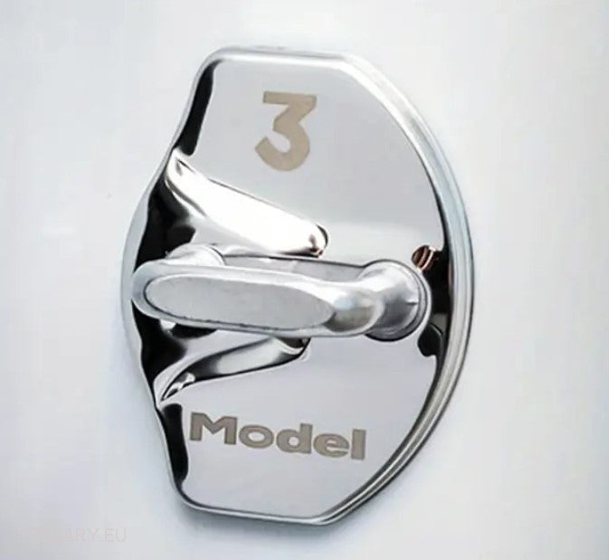 Tesla Model 3 / Y / X Stainless Steel Door Lock Protective Cover with Logo ( 4 PACK ) -TESLARY.IE Tesla Shop Europe