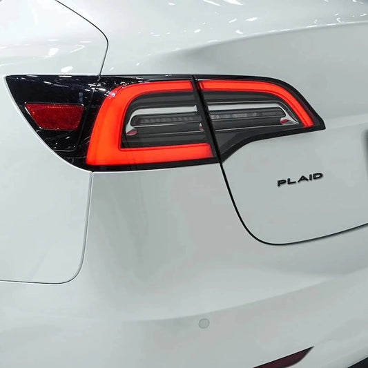 TESLA  " PLAID " REAR LOGO EMBLEM IN CHROME & RED -TESLARY.IE Tesla Shop Europe