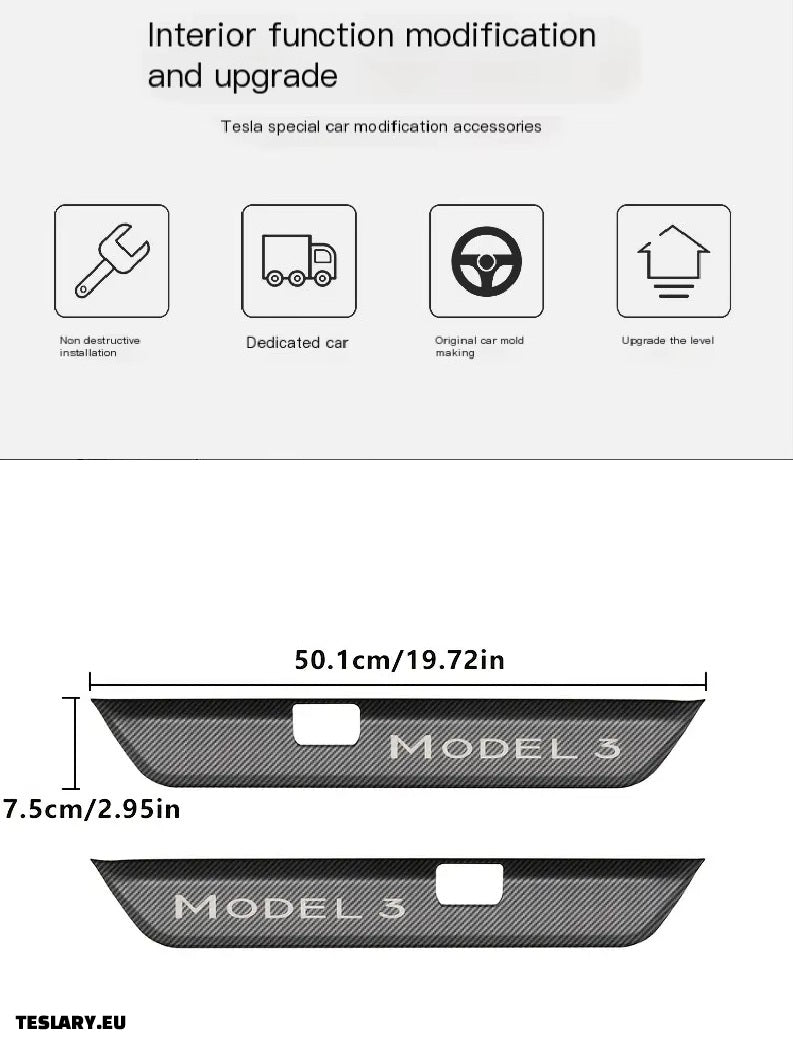 Tesla 3+ Stainless Steel Door Sill Protector Set with Carbon Fibre Pattern 7-TESLARY.EU Tesla Shop Europe