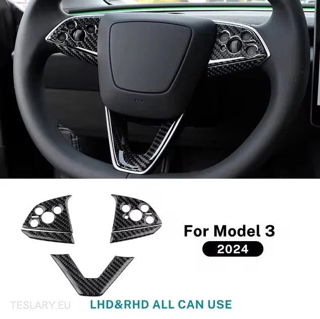 Tesla 3 Highland Real Carbon Fiber Steering Wheel trim in Black or Red -TESLARY.IE Tesla Shop Europe