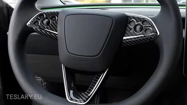 Tesla 3 Highland Real Carbon Fiber Steering Wheel trim in Black or Red -TESLARY.IE Tesla Shop Europe