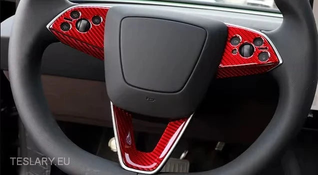 Tesla 3 Highland Real Carbon Fiber Steering Wheel trim in Black or Red -TESLARY.IE Tesla Shop Europe