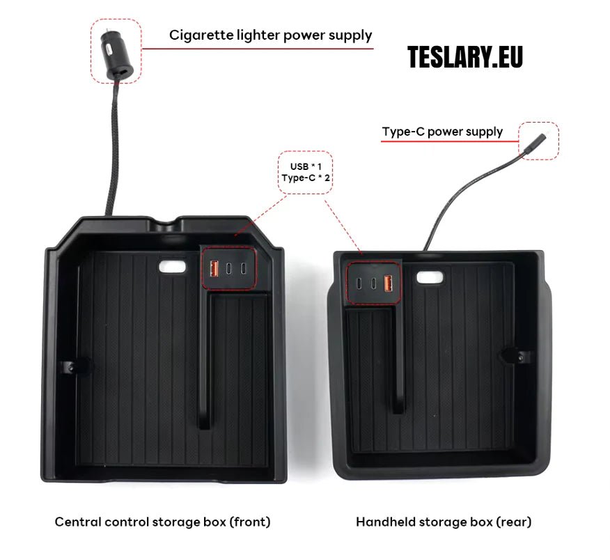 Tesla Model 3+ Highland Center Storage Trays met USB -poorten