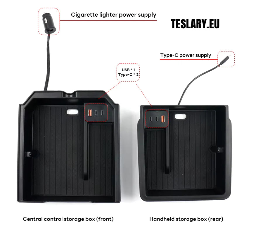 Bandejas de almacenamiento Tesla Model 3+ Highland Center con puertos USB